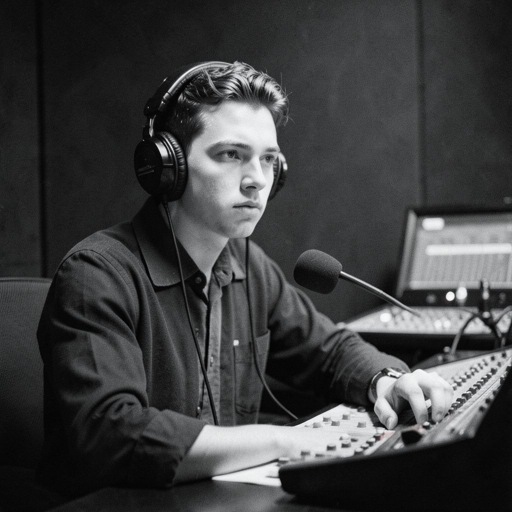 A grainy black-and-white photograph of a young reporter with headphones, seated at a radio console, bathed in dim studio light with a serious, focused expression.