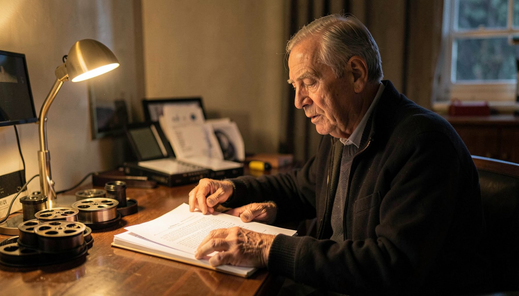 A senior filmmaker reviewing a script at a desk with film reels nearby, warm lamp light and a reflective, experienced atmosphere