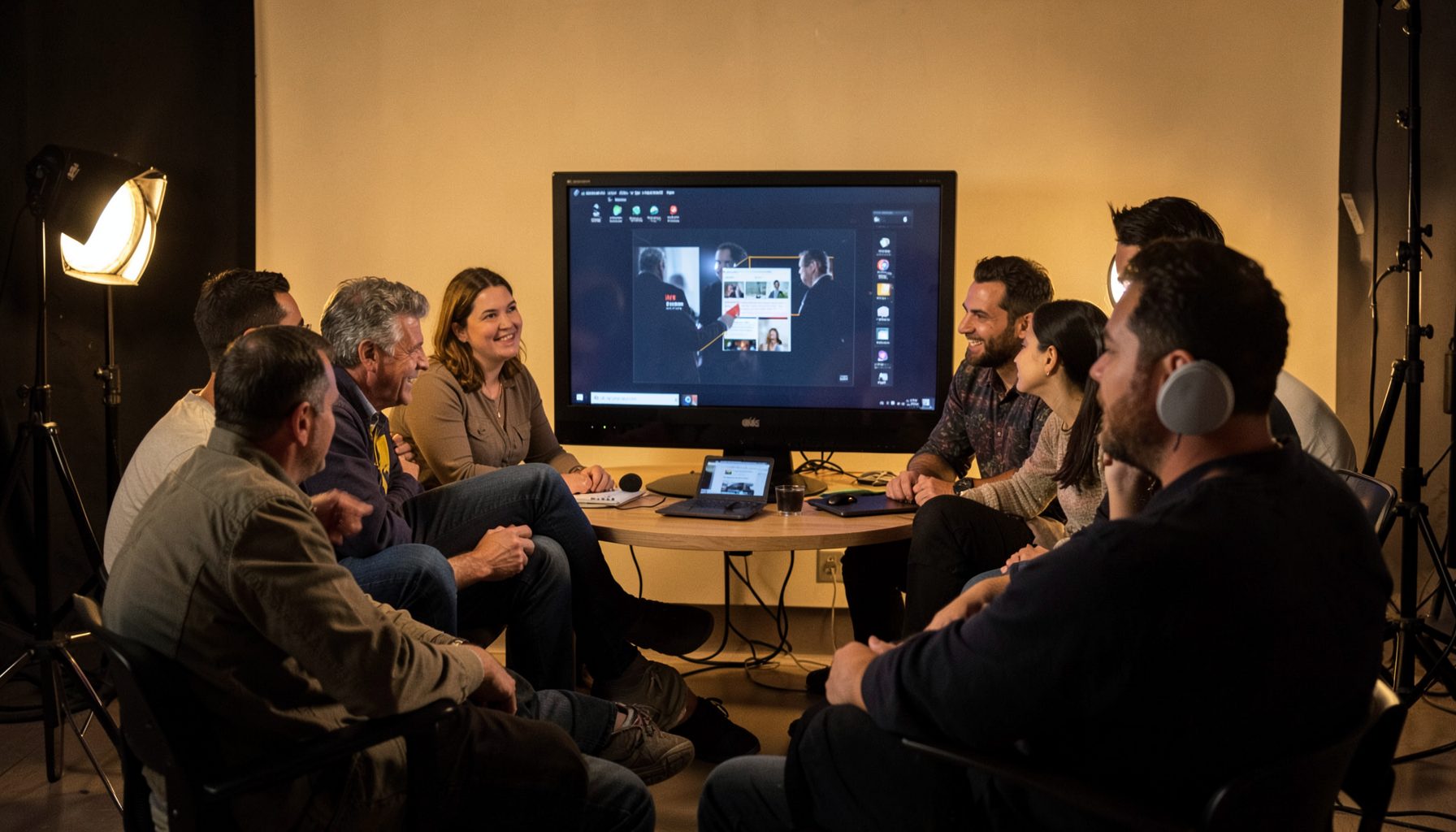 A group of people gathered around a television monitor in a production studio, warm artificial lighting and a collaborative mood