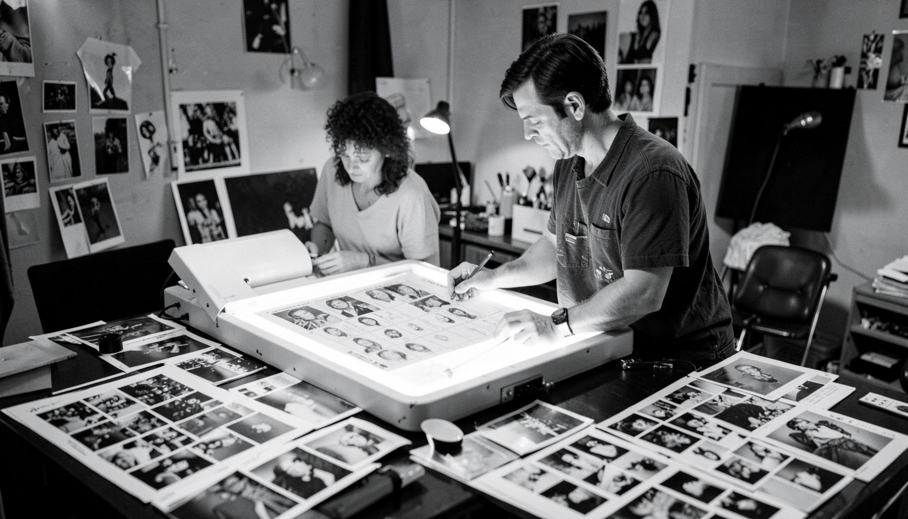 A black-and-white candid photograph of a filmmaker reviewing contact sheets at a light table, surrounded by prints and negatives in a cluttered studio.