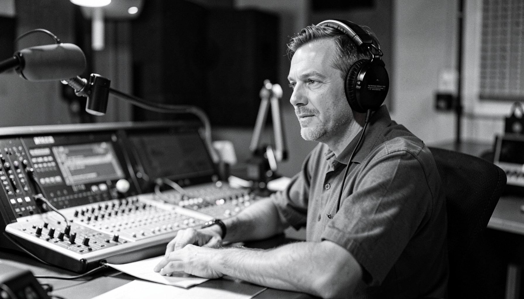 A man wearing large headphones at a radio broadcasting desk, black and white photograph with a focused and professional atmosphere