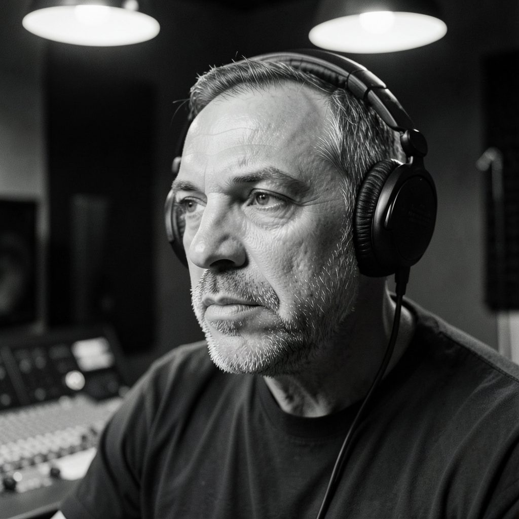 A warm black-and-white portrait of a man in his middle years wearing headphones in a radio studio, with soft overhead light and deep shadows, conveying focus and quiet intensity.