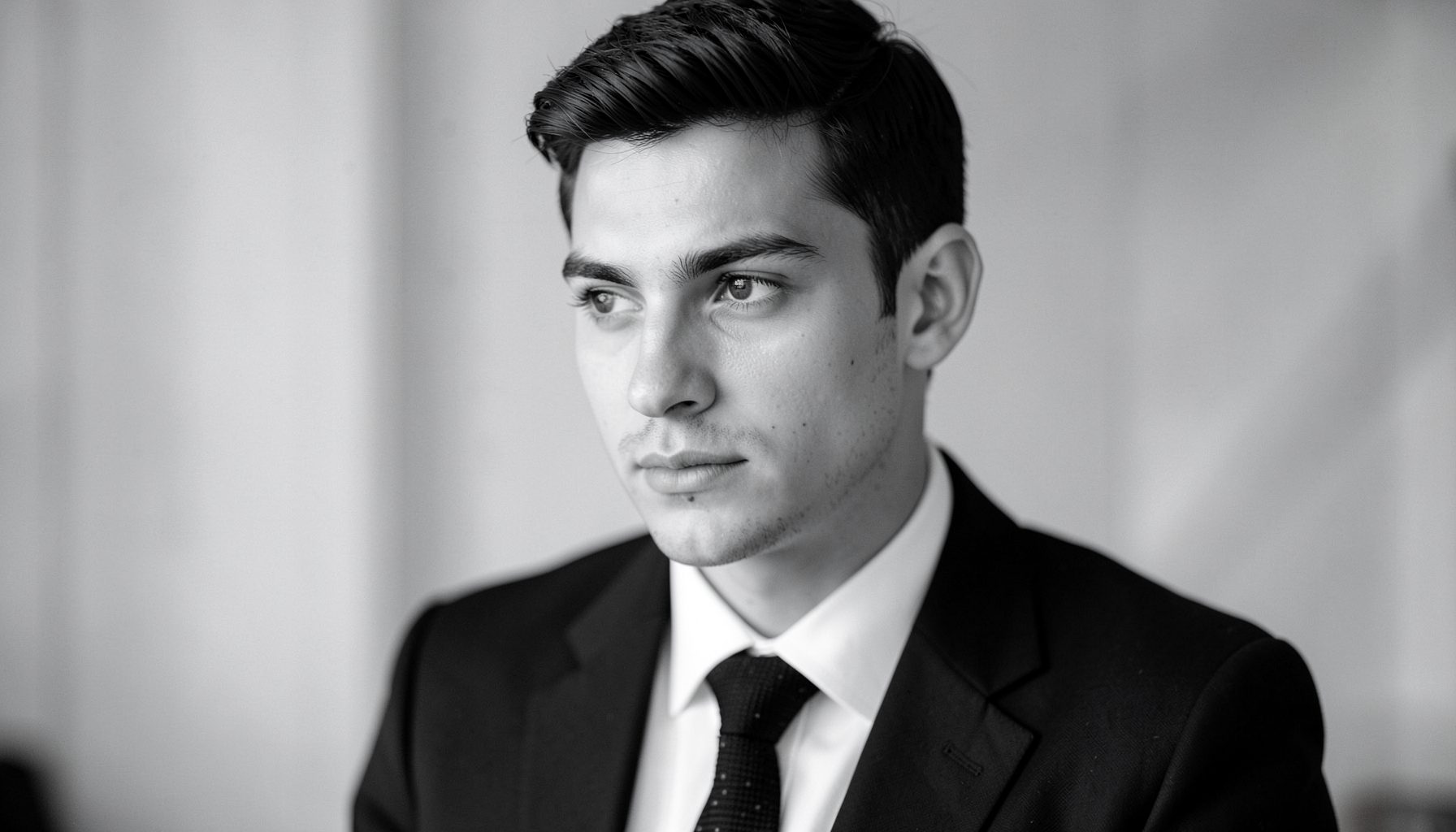 Close portrait of a young man in professional attire, black and white photograph with soft lighting and a thoughtful expression