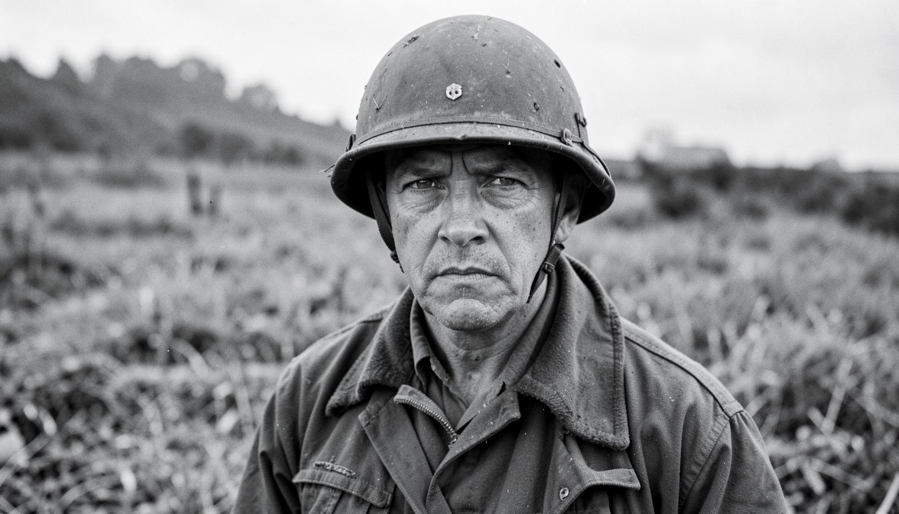 A journalist wearing a military helmet in a field setting, black and white photograph with a serious and documentary wartime atmosphere