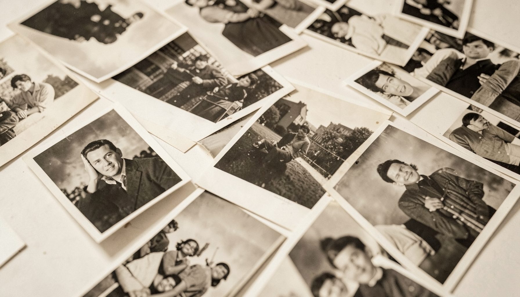 Vintage black and white photographs spread across a light surface, evoking a mid-twentieth century documentary atmosphere with warm sepia tones and a sense of careful preservation