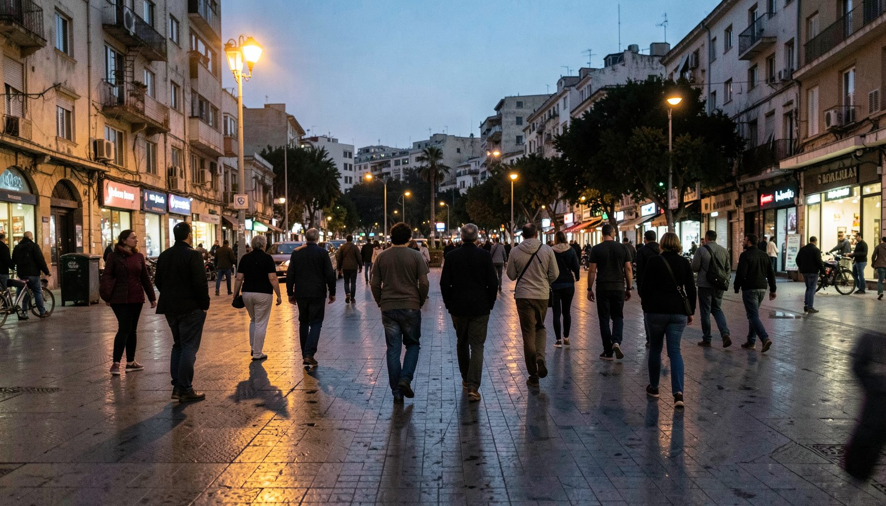 A contemplative scene of people walking through an urban square at dusk, warm streetlights reflecting on pavement, capturing everyday Israeli city life.