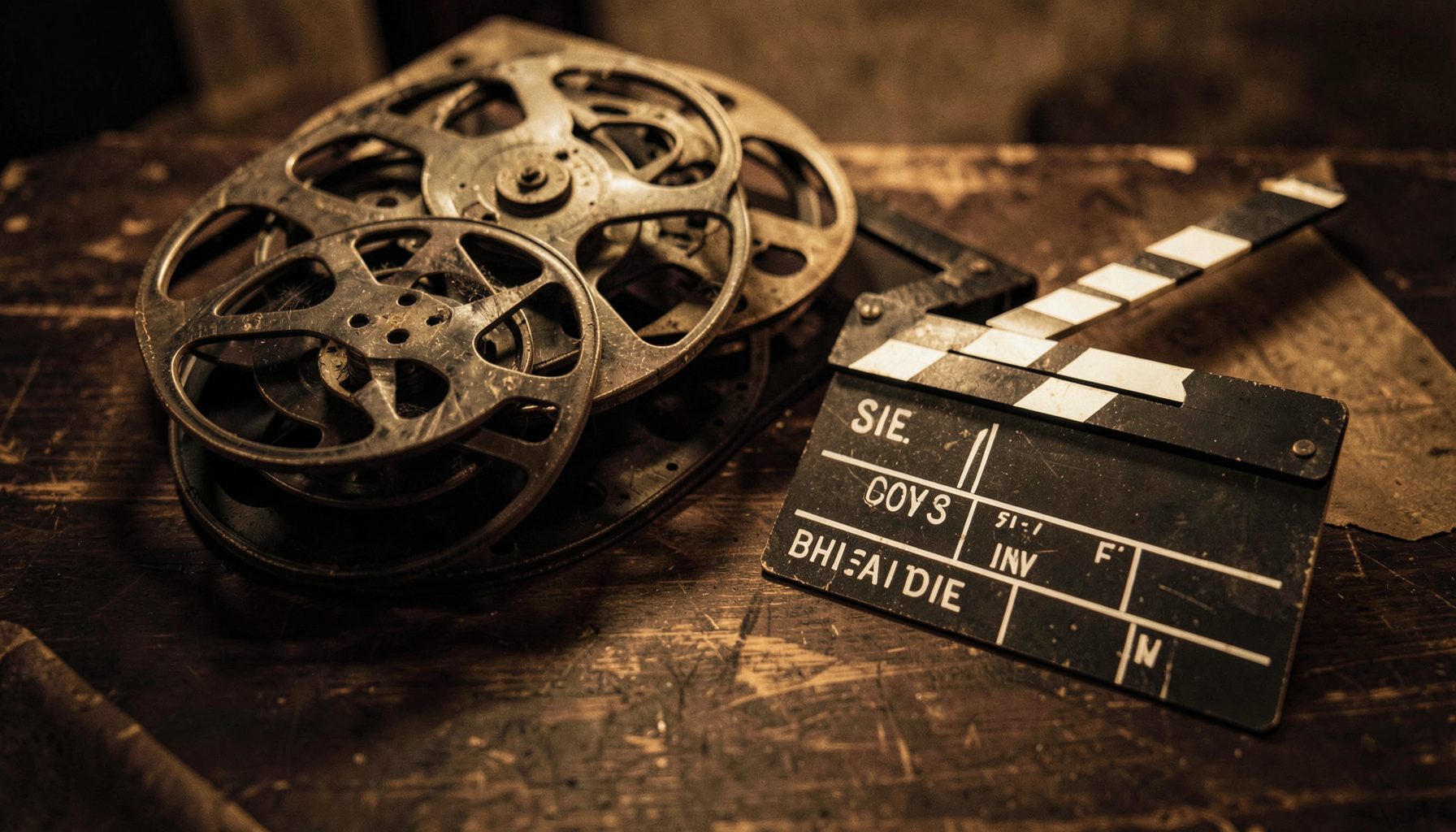 Vintage film reels and a clapperboard on a dark wooden table, warm amber and sepia tones, evoking a classic documentary filmmaking atmosphere