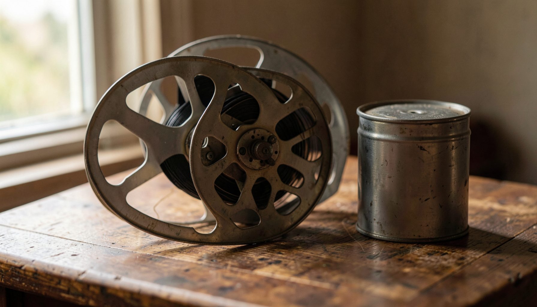 A warm-toned photograph of a vintage film reel and canister on a wooden table, with soft natural light from a nearby window.