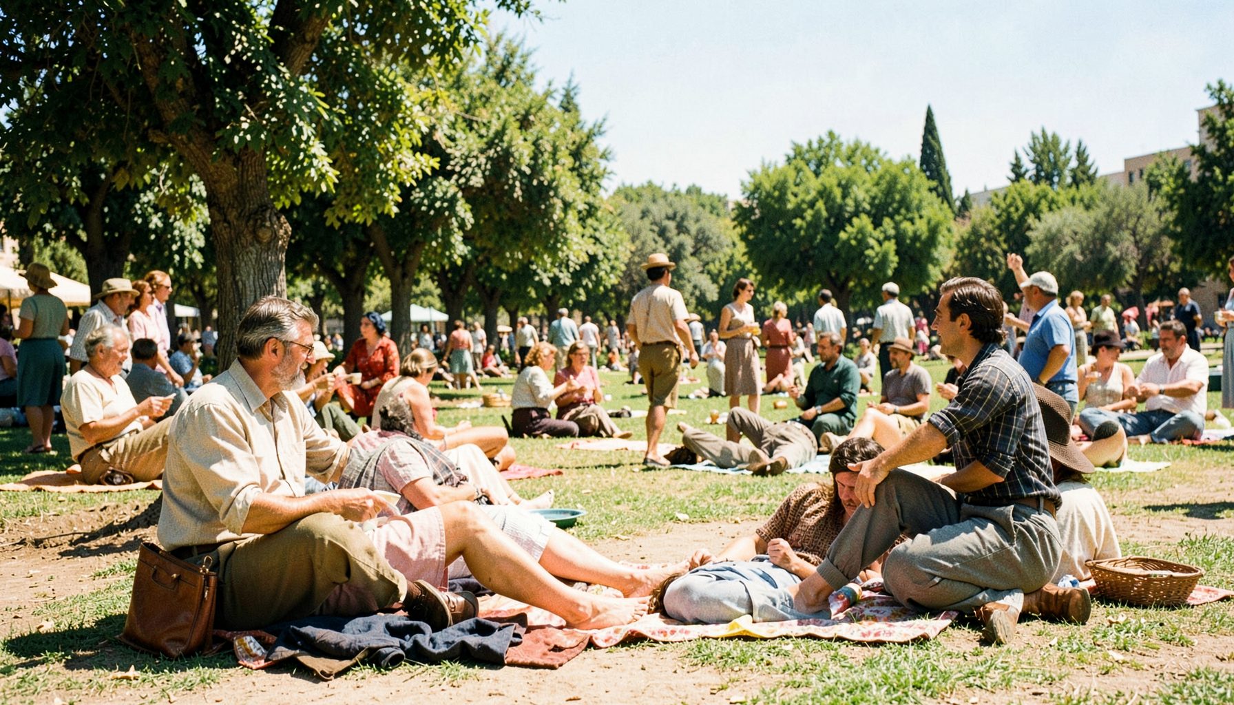 A colorful still from a 1960s documentary showing Israelis enjoying leisure activities in a park, with vintage clothing and a bright, sunlit palette.