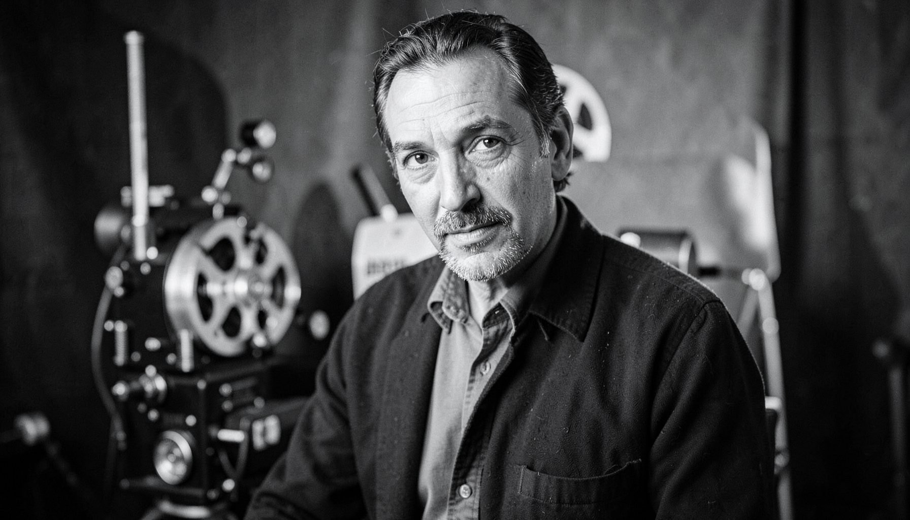 A warm, softly lit black-and-white portrait of a filmmaker in a studio setting, with vintage film equipment visible in the background, evoking a mid-century cinematic atmosphere.