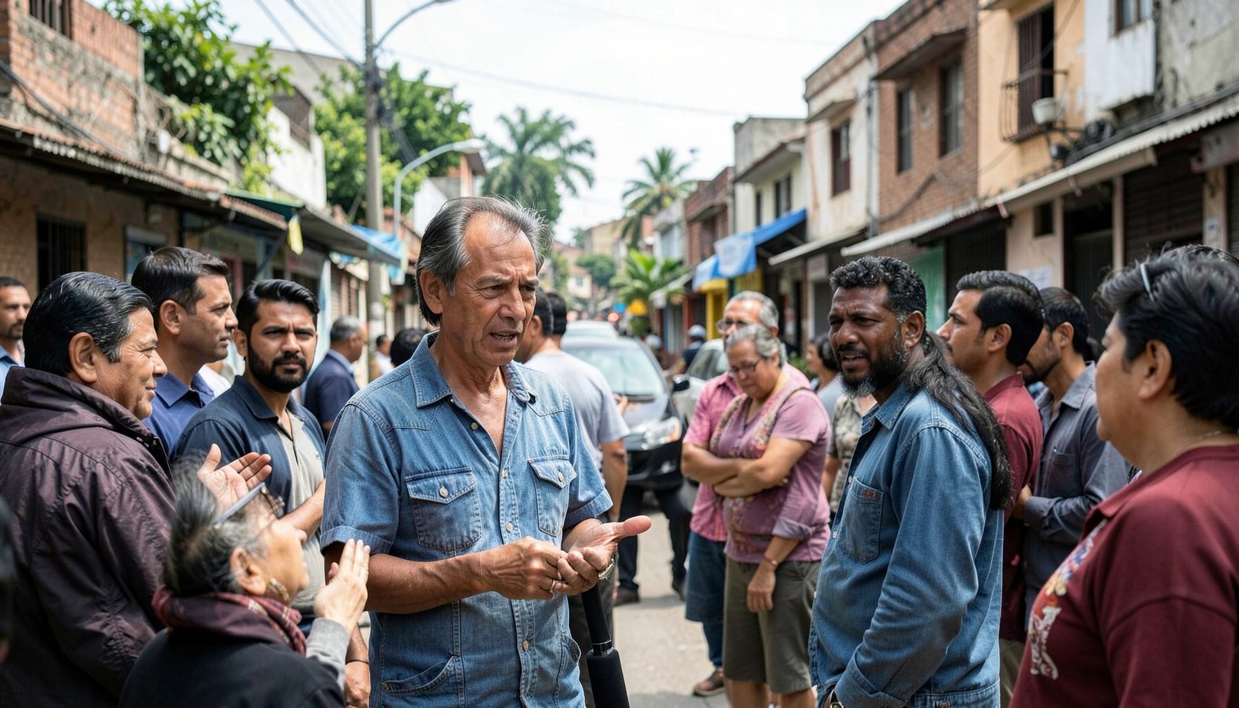 A filmmaker speaking with local residents in a mixed urban neighborhood, natural daylight and a candid documentary feel