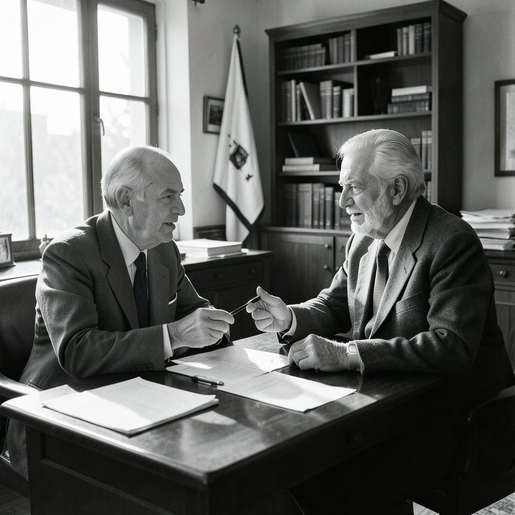 A historic black-and-white scene of a journalist interviewing an elder statesman in a modest office, sunlight streaming through a window, capturing a moment of mid-century Israeli political life.