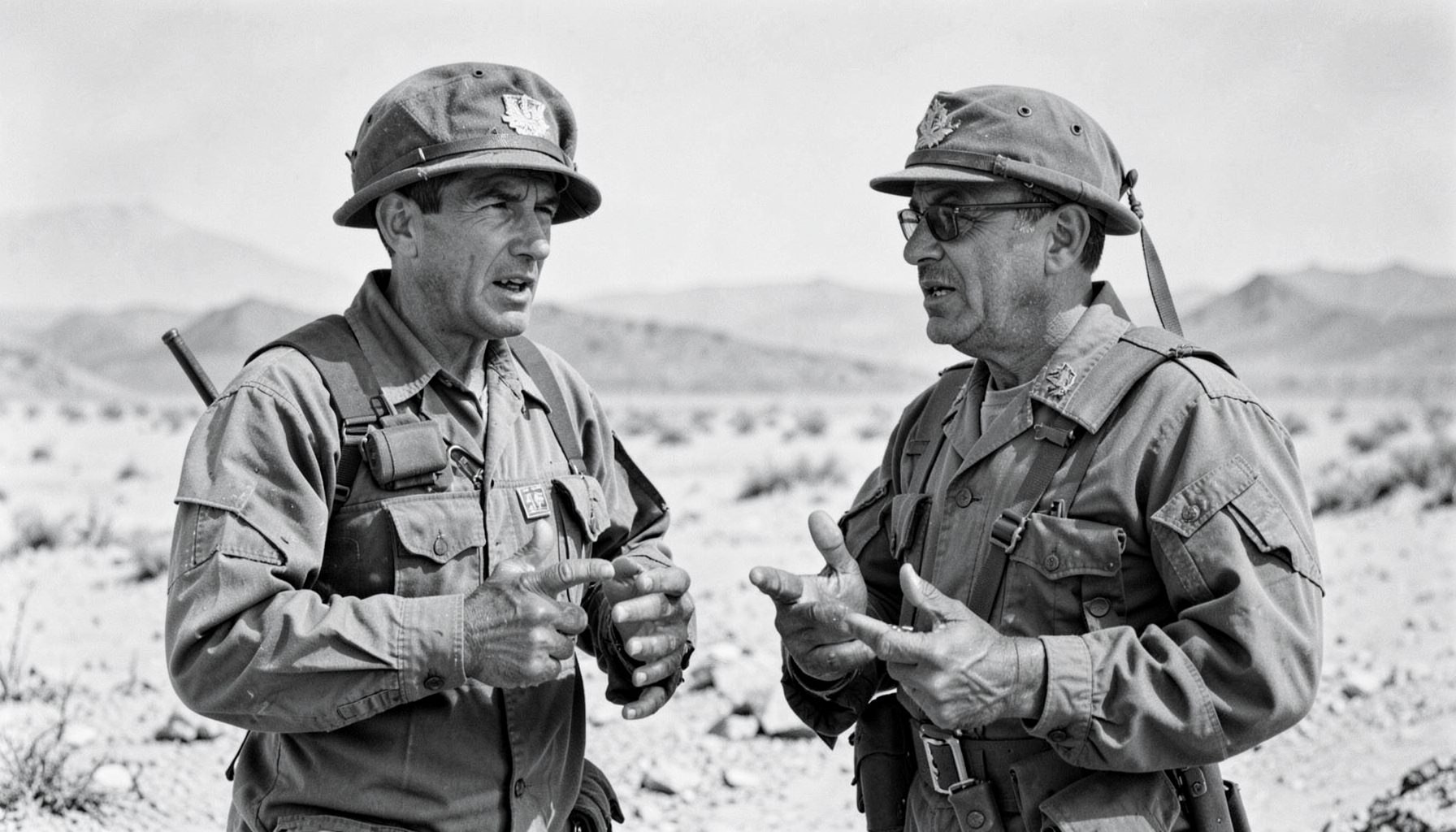 Two men in military attire speaking outdoors in a desert landscape, black and white photograph with a tense wartime mood