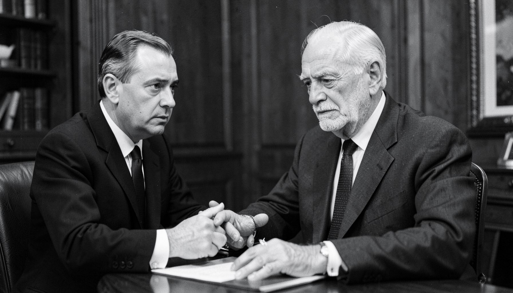 A young journalist in a formal setting interviewing an elderly statesman, black and white photograph with a serious and historic mood