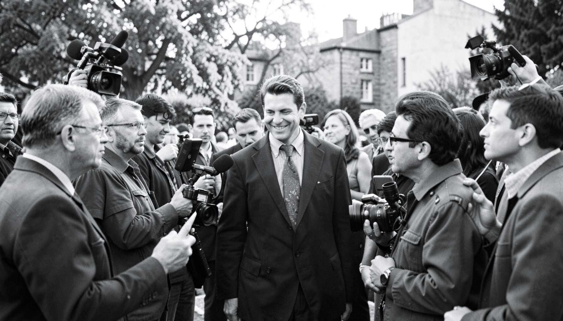 Outdoor scene with journalists gathered around a public figure, black and white documentary style photograph with a candid feel