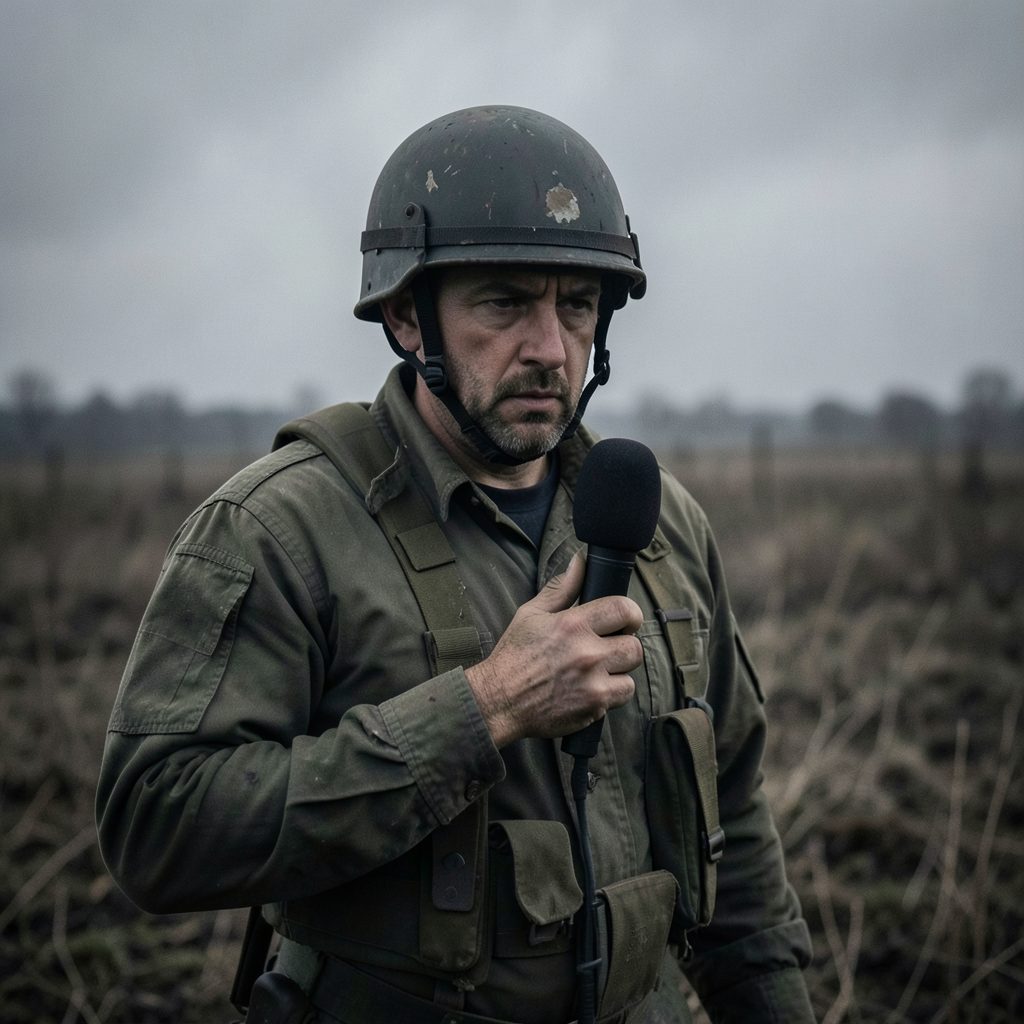 A somber, low-contrast image of a reporter with a helmet and microphone in a field setting, the atmosphere tense and overcast, evoking wartime reportage.