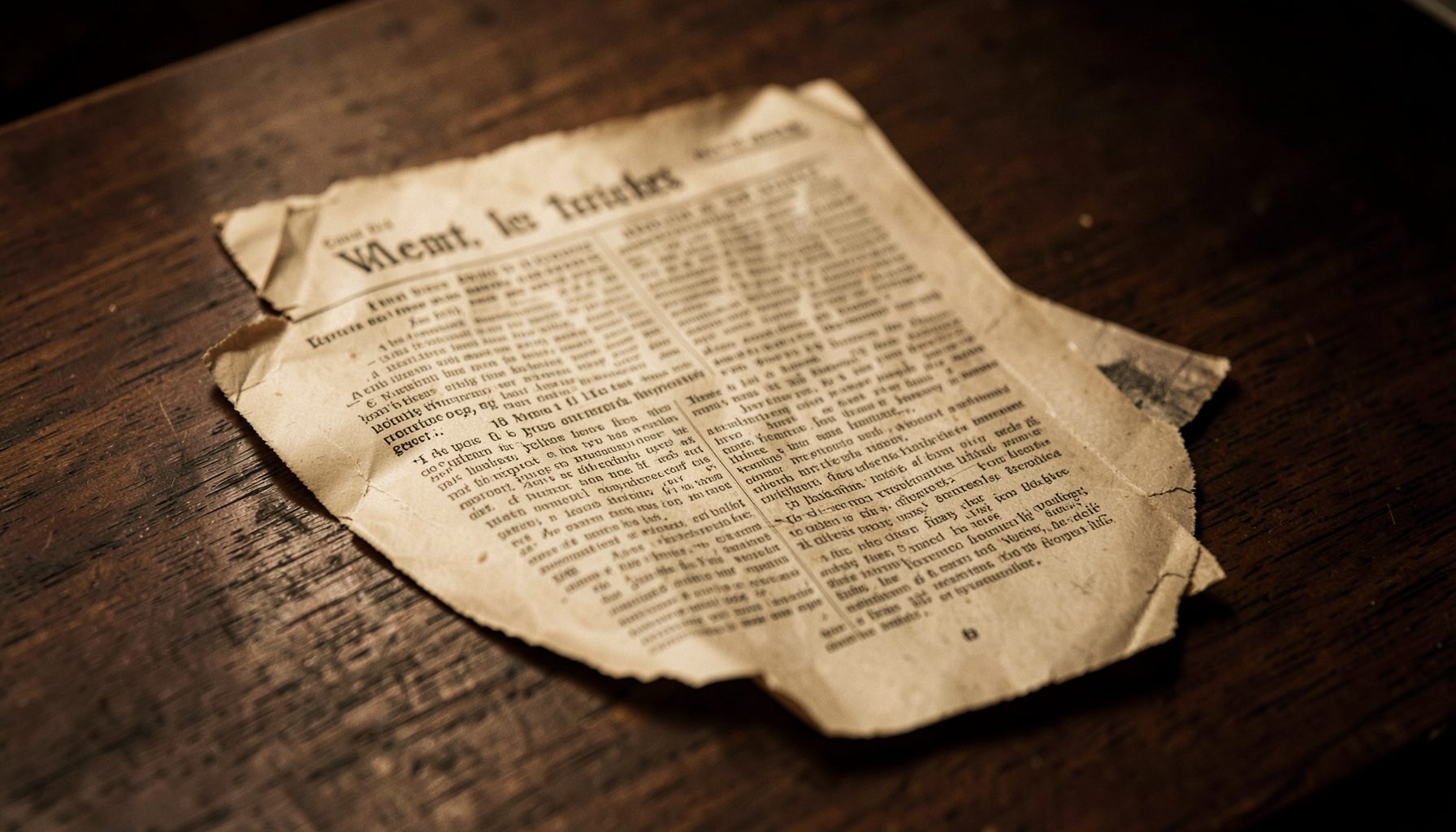 A vintage newspaper clipping resting on a dark wooden desk, warm sepia tones, soft overhead light casting gentle shadows, archival and scholarly mood