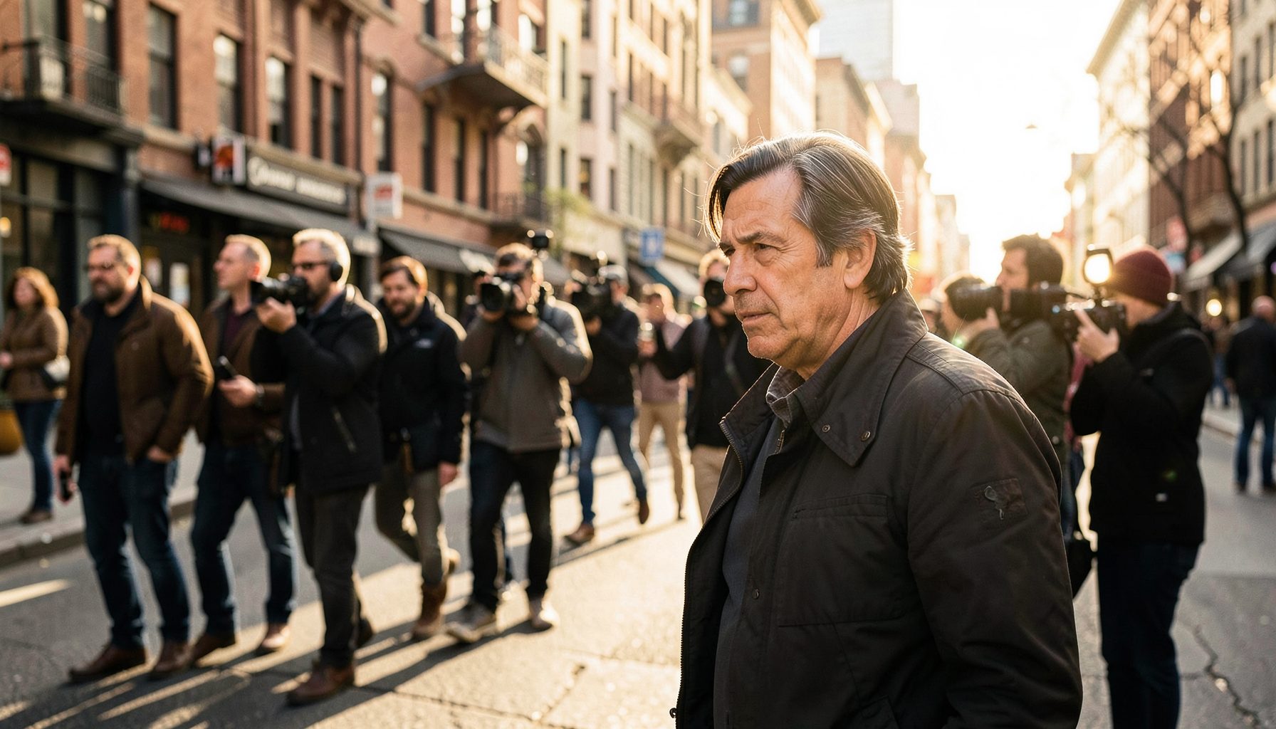 A filmmaker on a city street with a camera crew, warm afternoon light and an urban documentary atmosphere