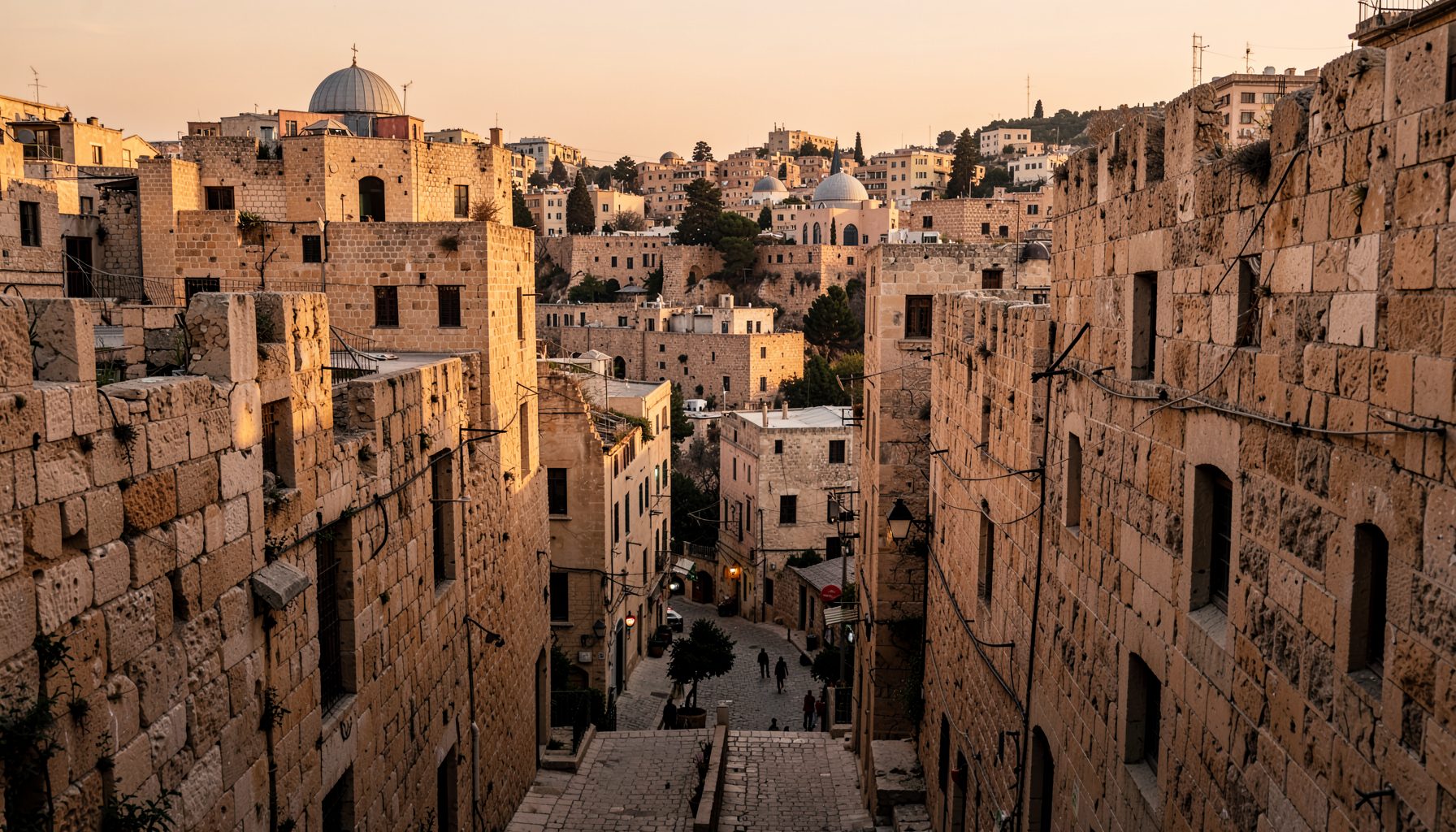A warm-toned panoramic view of Jerusalem's old stone buildings and narrow streets at dusk, with soft golden light washing over ancient limestone walls, evoking a sense of history and quiet reflection.