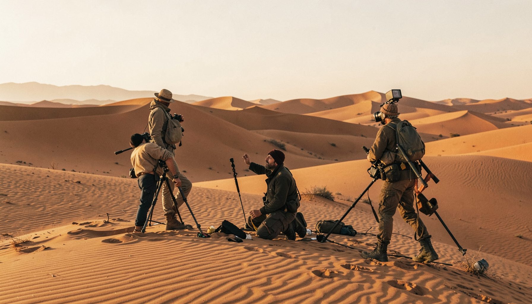 A film crew working in a desert landscape with sandy dunes in the background, warm tones and a sense of remote documentary filmmaking
