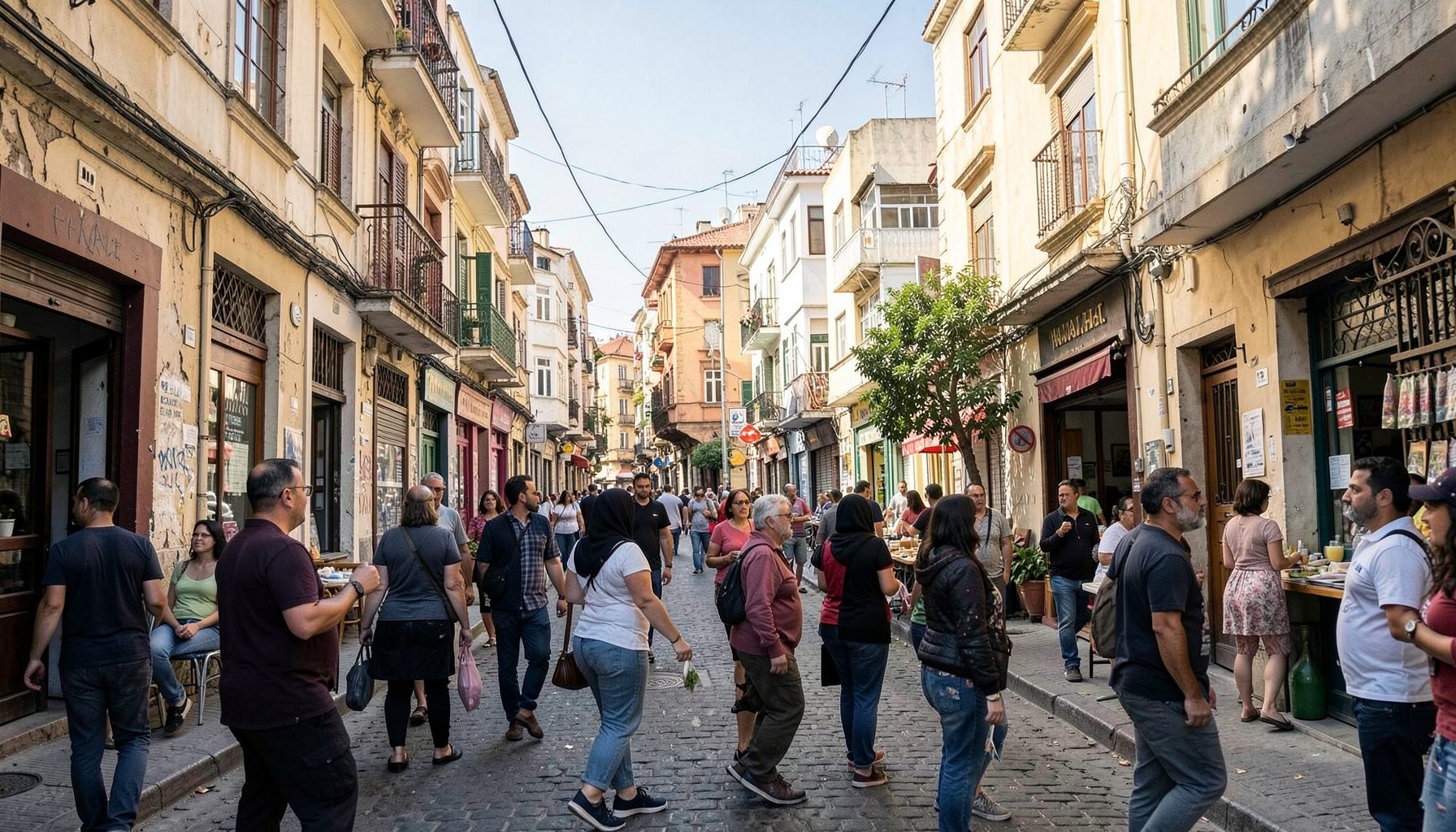 A street-level view of a diverse Haifa neighborhood with people of different backgrounds interacting, the architecture a mix of old and new under Mediterranean light.