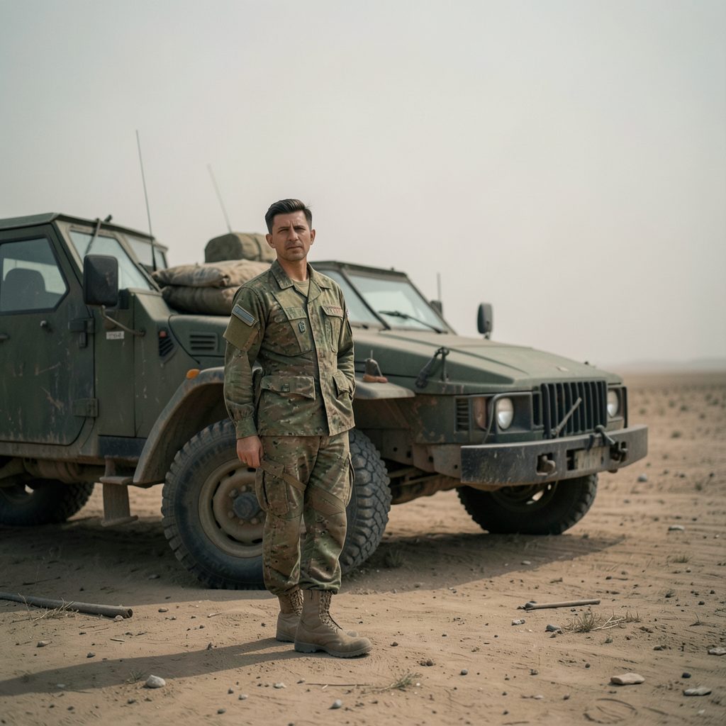 A muted-color photograph of a man in military uniform standing beside a military vehicle in a desert landscape, the sky hazy and pale, suggesting a tense pre-war moment.
